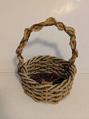 Basket Handwoven Natural and Dark Brown Decorative Basket with Handle 11 x 9